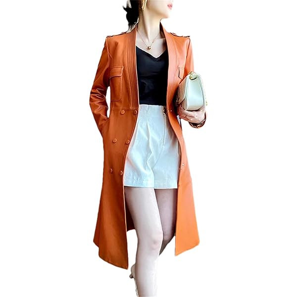 Adhdyuud Women Long Orange Soft Pu Leather Trench Coat